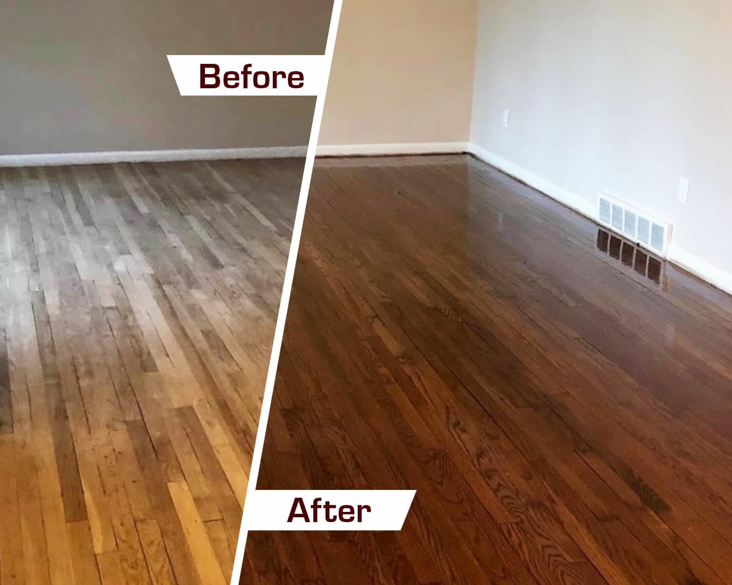 Before and after hardwood floor refinishing in Chicago, IL