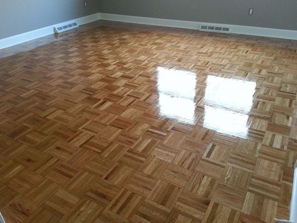 A refinished parquet hardwood floor.